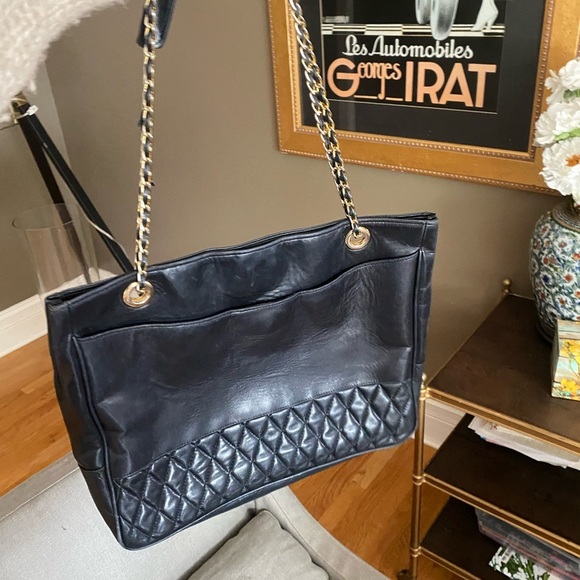 Black genuine lambskin leather medium size quilted with chain shopping tote - Picture 13 of 16